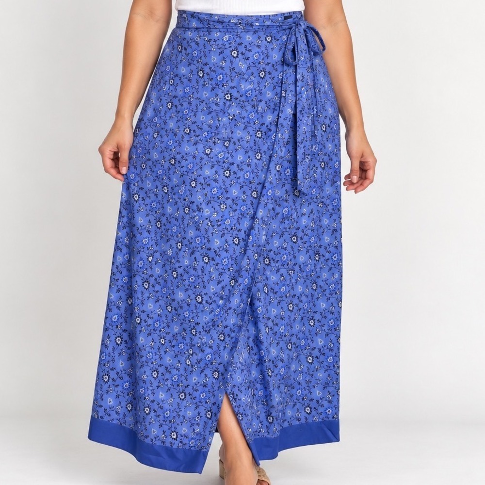 Express 100% Silk Blue Floral Maxi Wrap Skirt Adjustable Boho Cottagecore XL